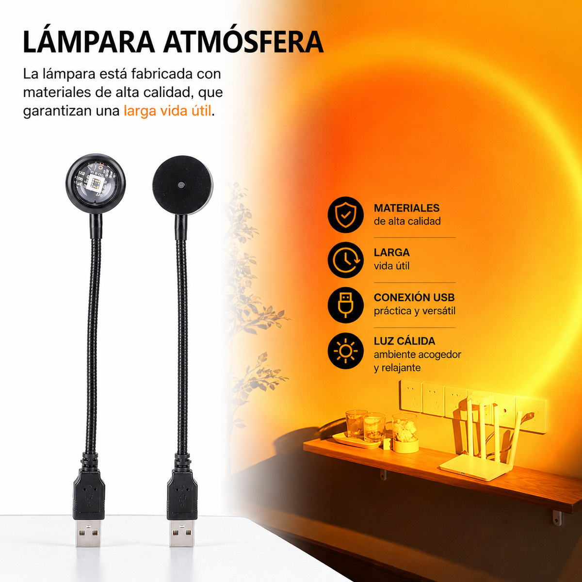 Pack X2 Lámpara Sunset Proyector Atardecer Led Velador Luz Solar Negro